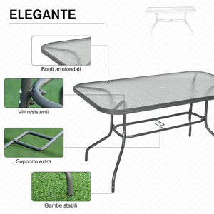 Easycomfort Tavolo da Giardino con Foro per Ombrellone, Arredamento da Esterno in Metallo e Vetro 140x80x70cm Grigio