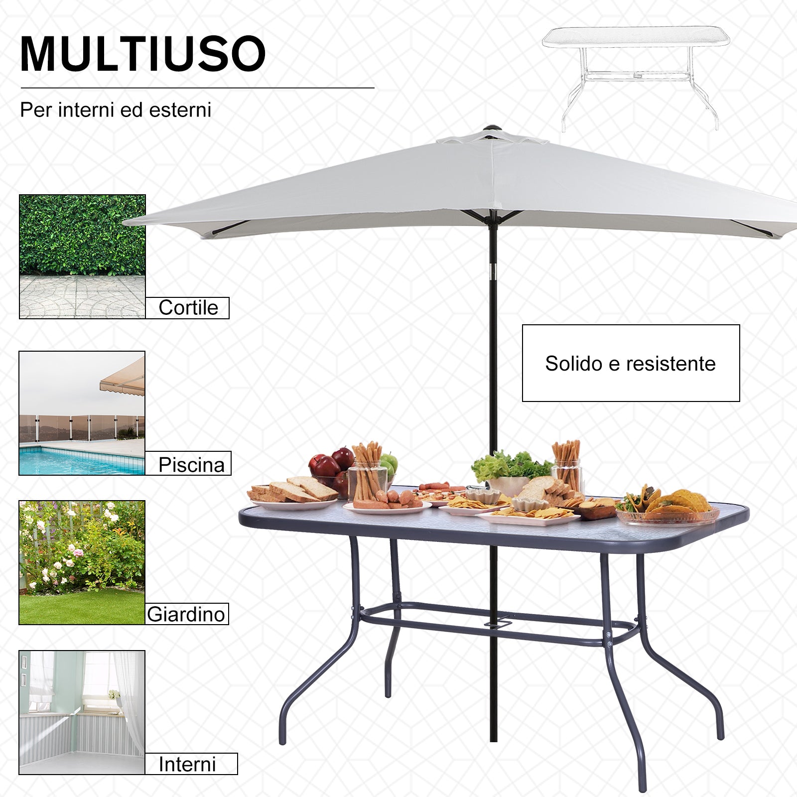 Easycomfort Tavolo da Giardino con Foro per Ombrellone, Arredamento da Esterno in Metallo e Vetro 140x80x70cm Grigio
