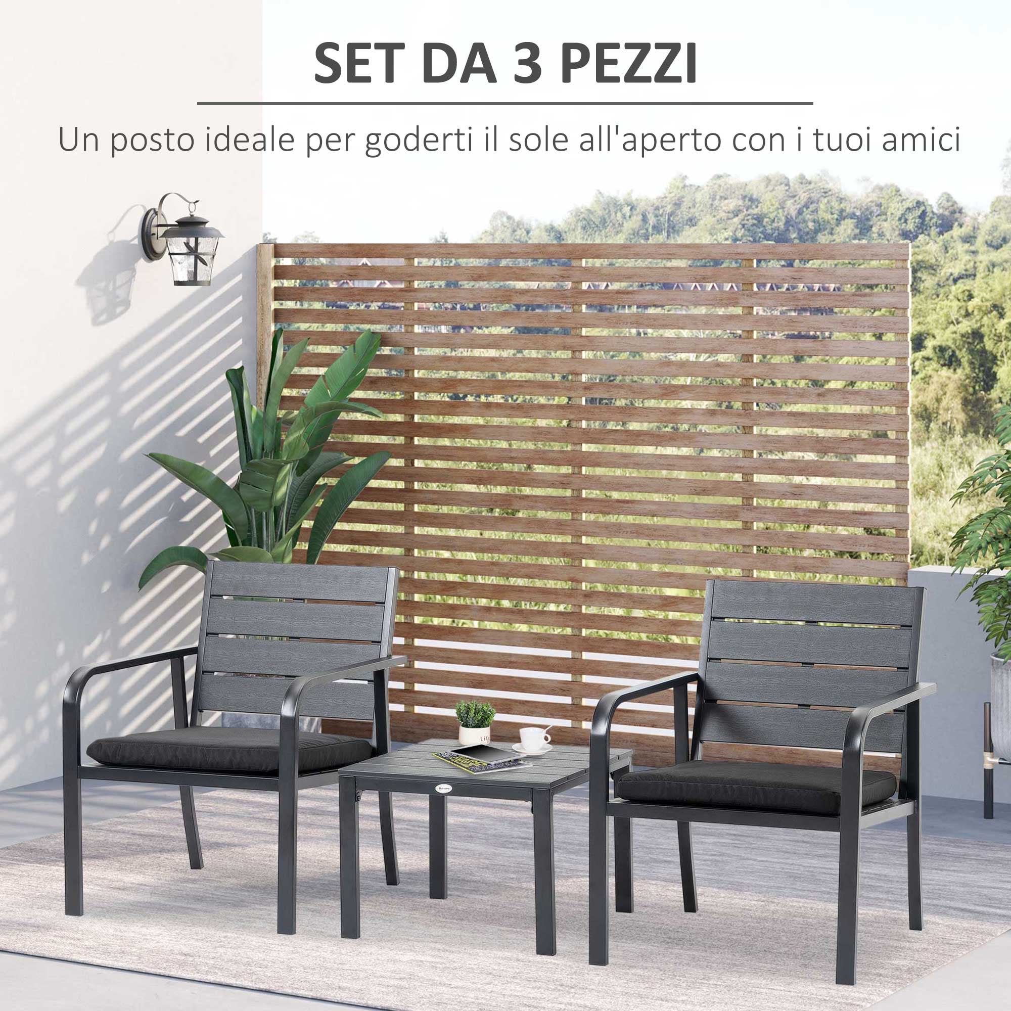 EasyComfort Set da Giardino 3 Pezzi con Tavolino e 2 Sedie con Cuscini, Acciaio e Plastica, Grigio Scuro