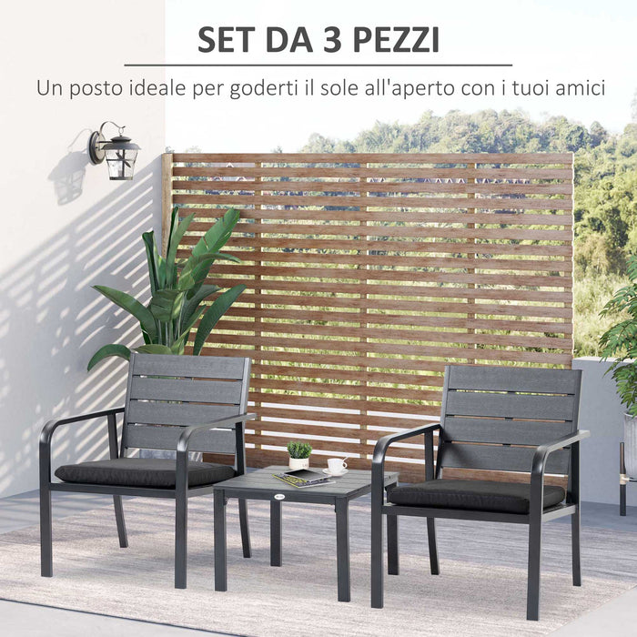 EasyComfort Set da Giardino 3 Pezzi con Tavolino e 2 Sedie con Cuscini, Acciaio e Plastica, Grigio Scuro