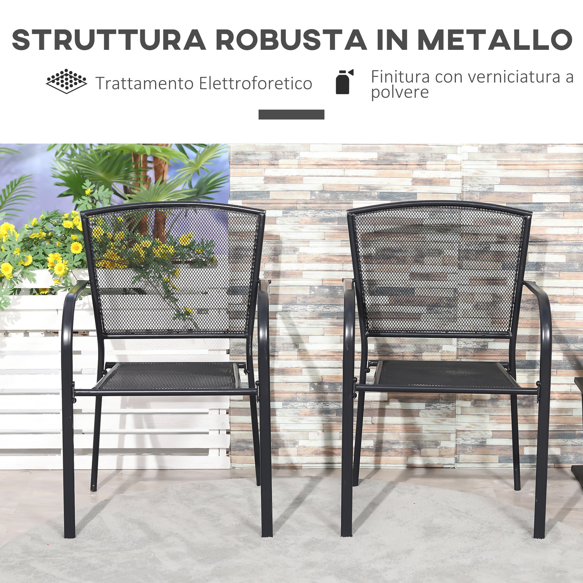 EasyComfort Set 2 Sedie da Giardino in Metallo, per Cortile, Patio e Terrazza, Nero