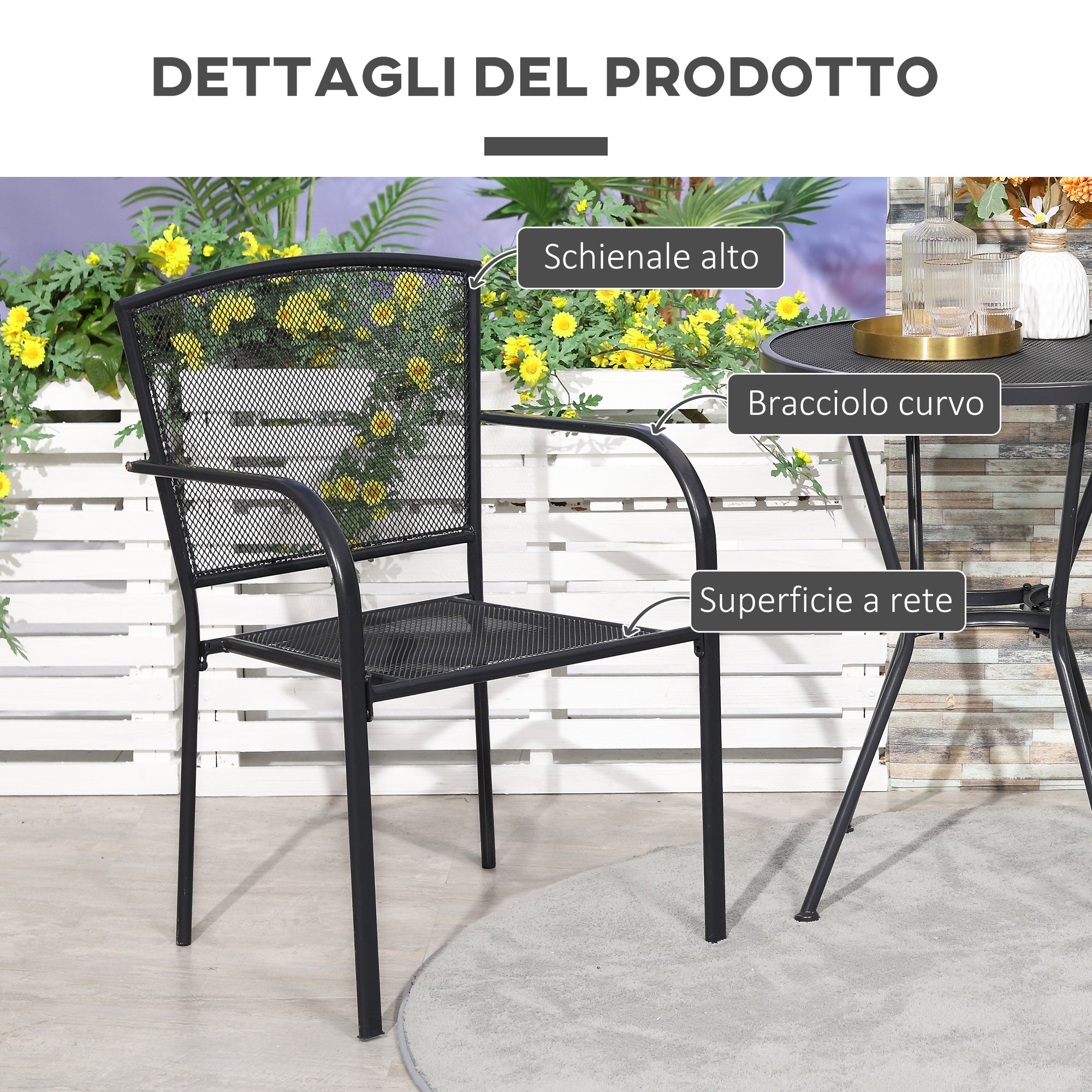 EasyComfort Set 2 Sedie da Giardino in Metallo, per Cortile, Patio e Terrazza, Nero