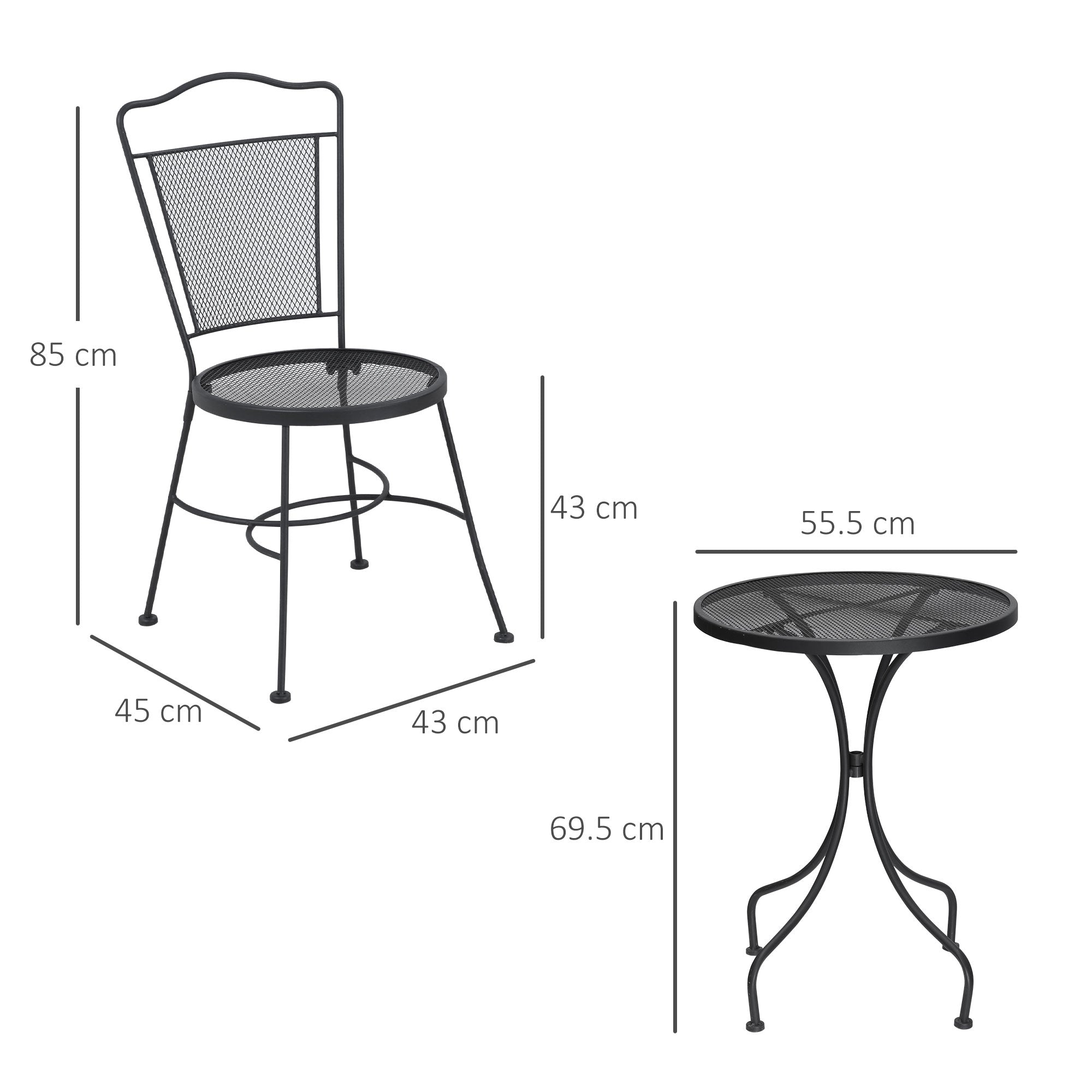 EasyComfort Set da Giardino da 3 Pezzi, Tavolino Rotondo con 2 Sedie da Esterno in Metallo, Nero