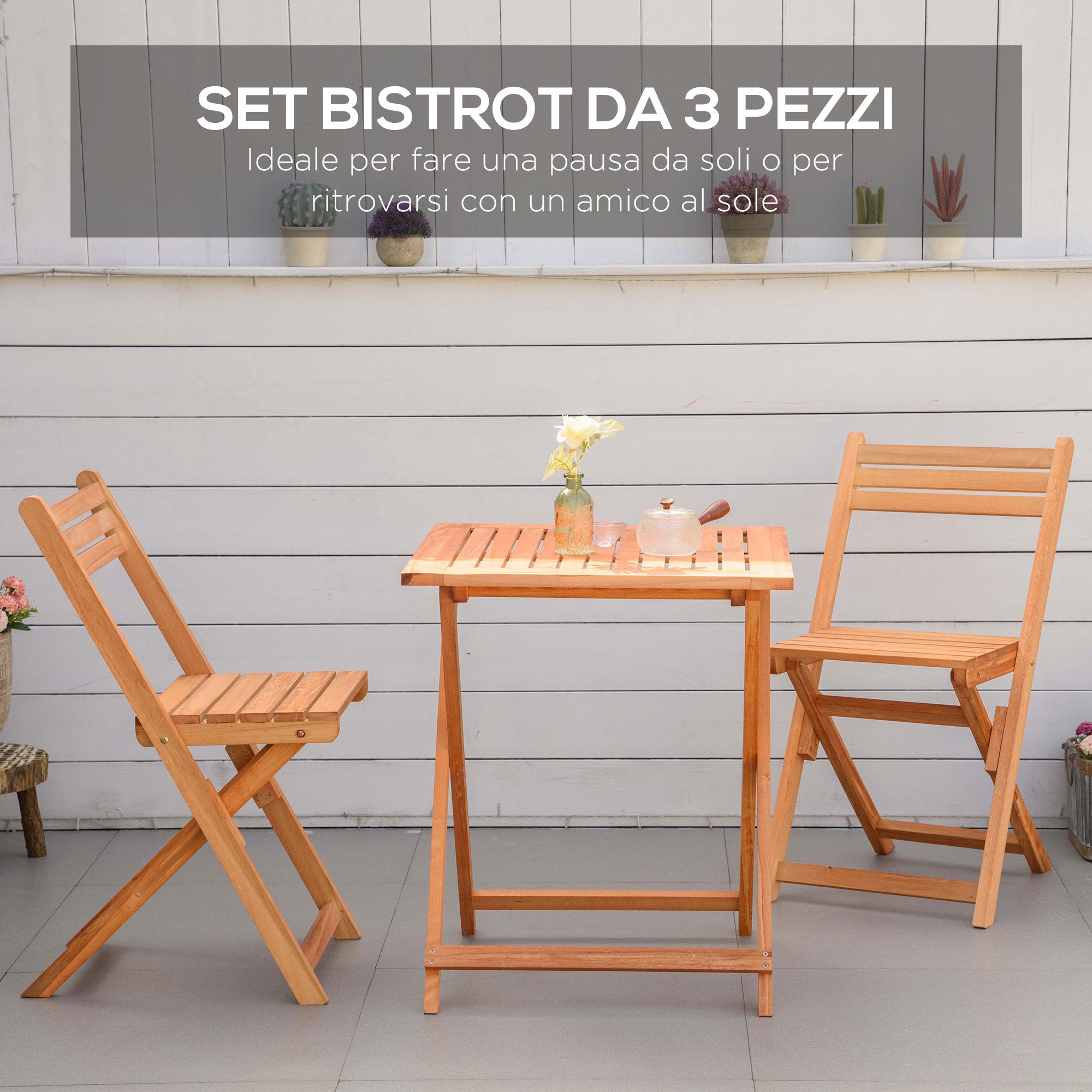 EasyComfort Set 3 Pezzi Tavolo e Sedie da Giardino Pieghevoli in Legno per Esterni, Terrazzo, Picnic o Campeggio, Salvaspazio e Compatto, Teak