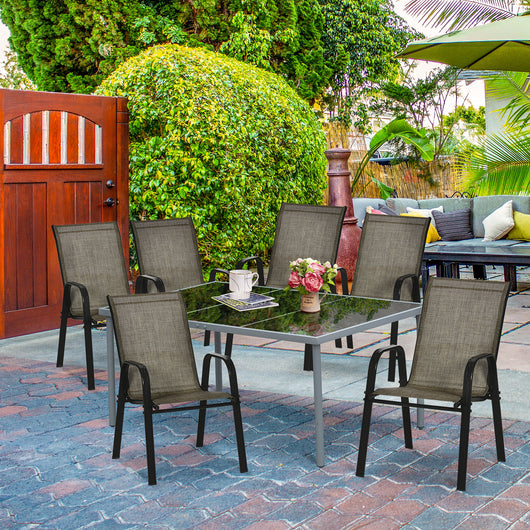 Easycomfort Sedie da Giardino Set 6 Pezzi, Sedie da Esterno Impilabili in Metallo e Tessuto Traspirante, Marrone