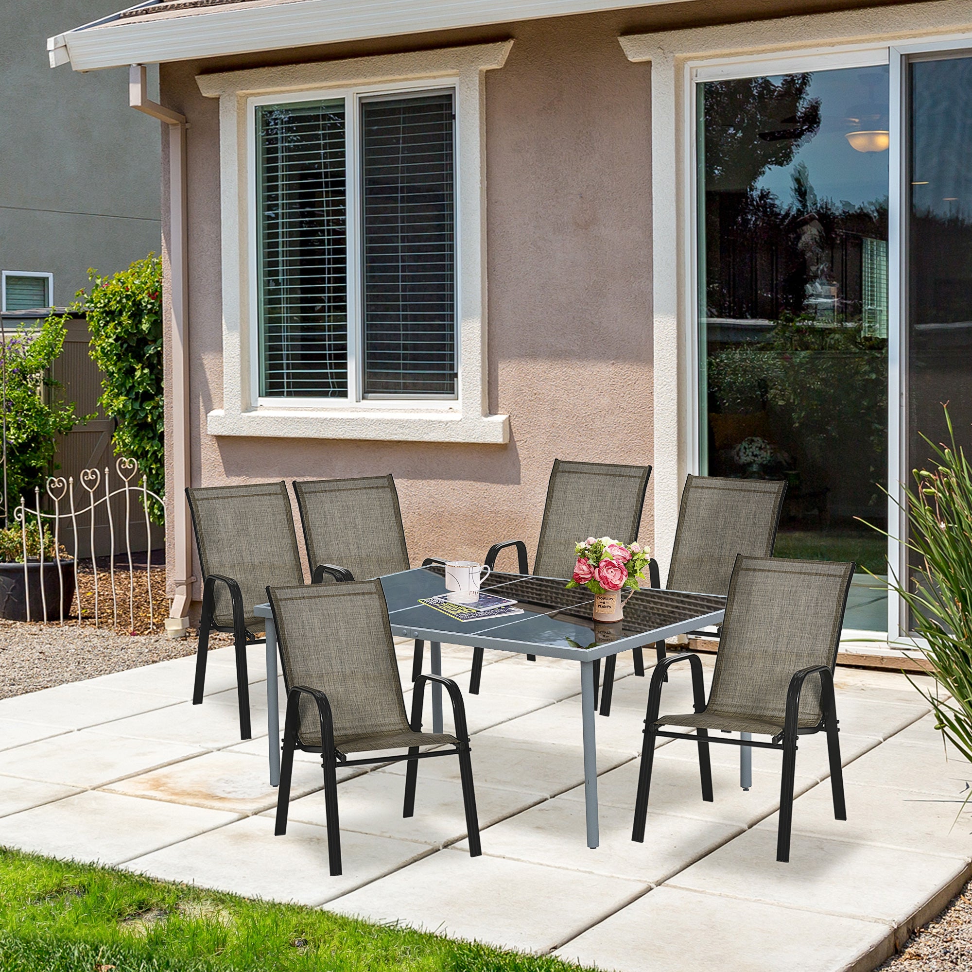 Easycomfort Sedie da Giardino Set 6 Pezzi, Sedie da Esterno Impilabili in Metallo e Tessuto Traspirante, Marrone