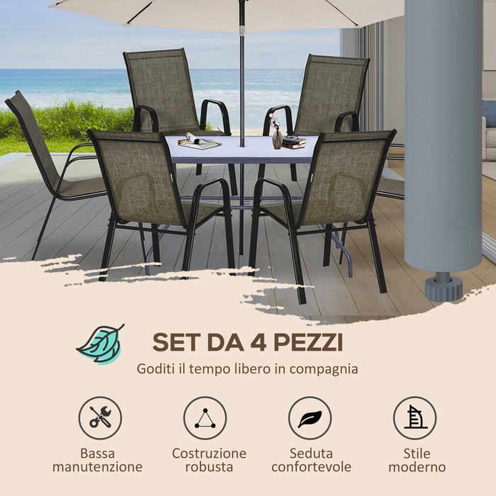 Easycomfort Sedie da Giardino Set 6 Pezzi, Sedie da Esterno Impilabili in Metallo e Tessuto Traspirante, Marrone