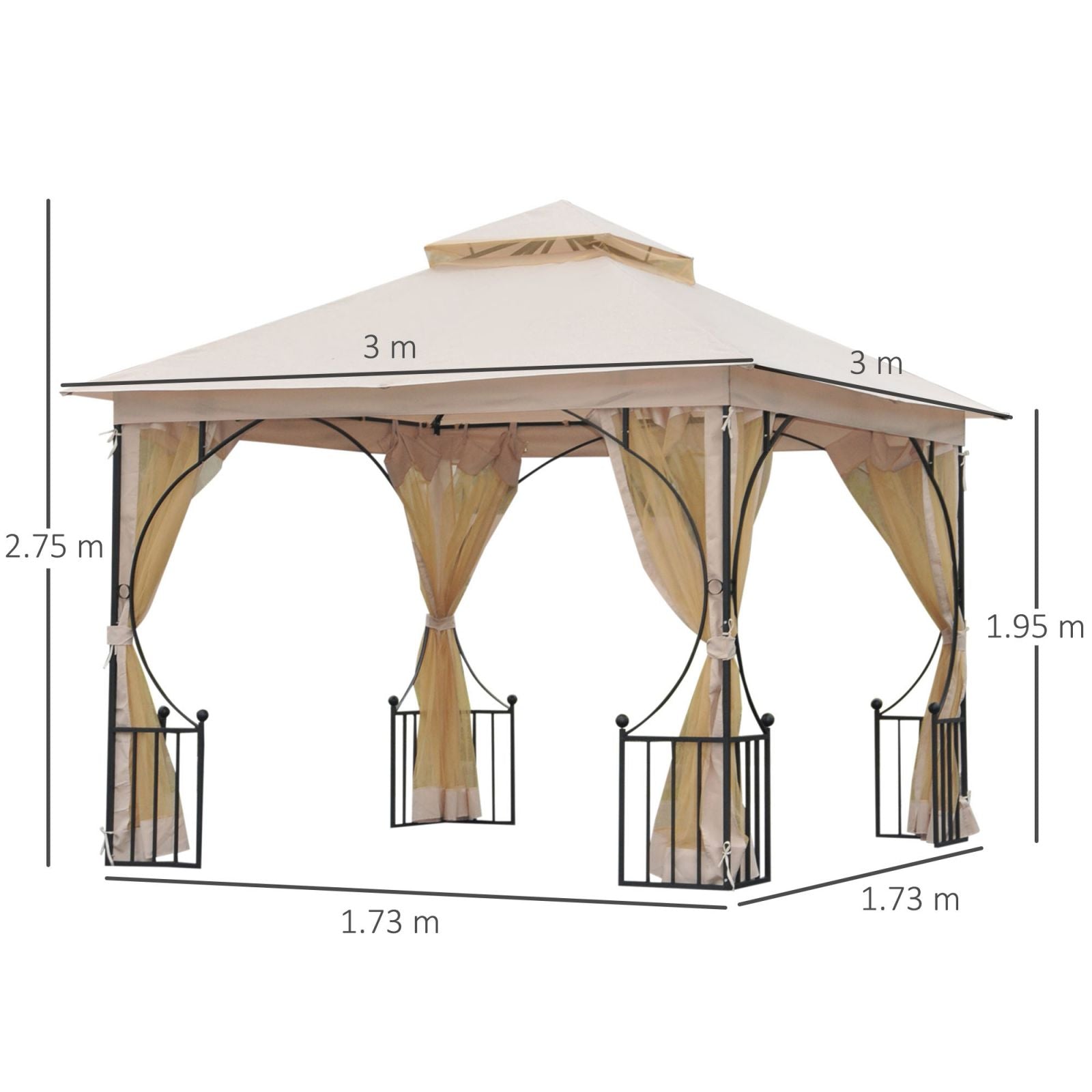 Easycomfort Gazebo da Giardino 3x3m in Metallo con Zanzariere e Tettuccio in Poliestere, Beige
