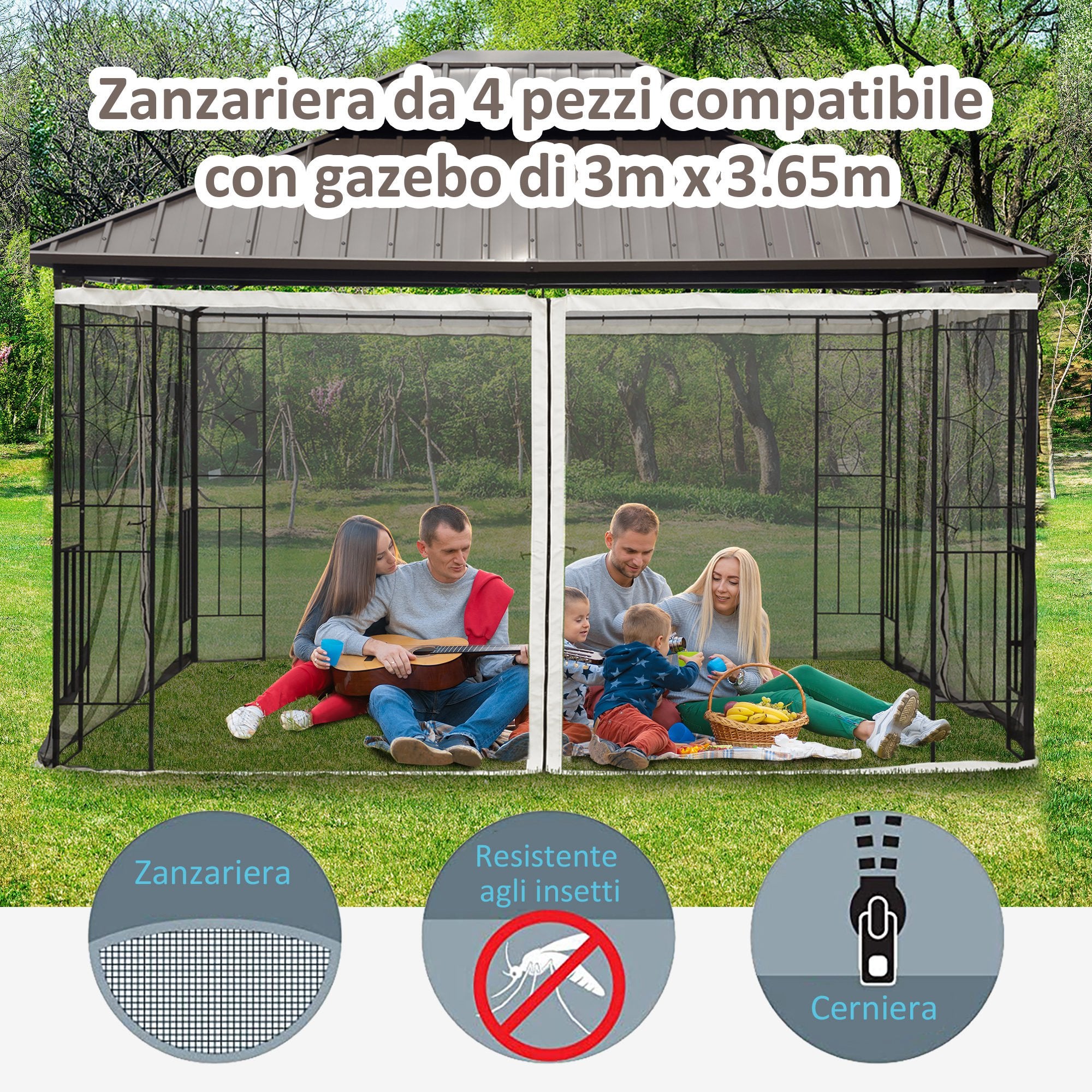 Easycomfort Zanzariera per Gazebo Tende di Ricambio Universale con Cerniere, 335x207cm - Nero e Beige