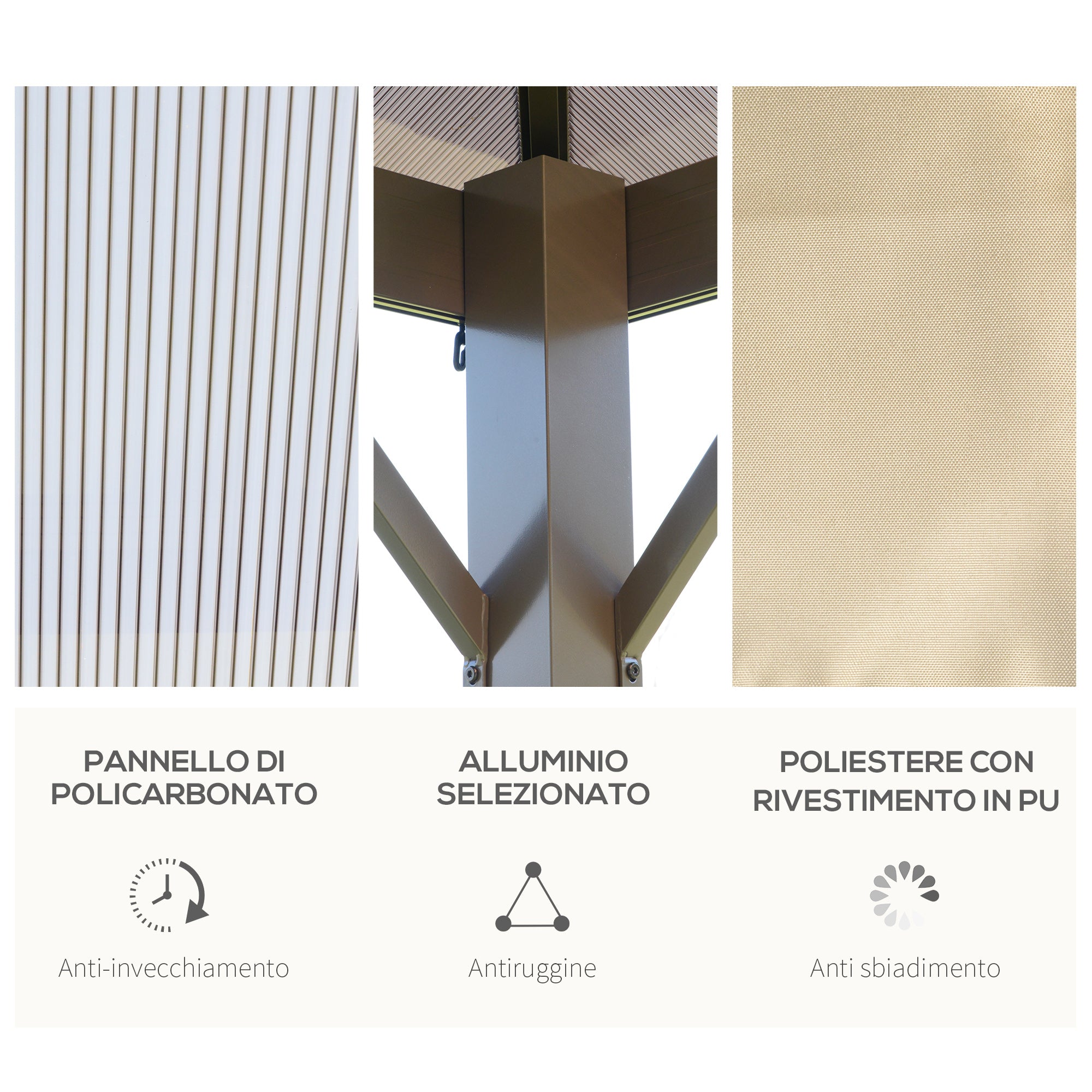 EasyComfort Gazebo da Giardino 3x3m con Tetto in Policarbonato e Zanzariere, Caffè e Khaki