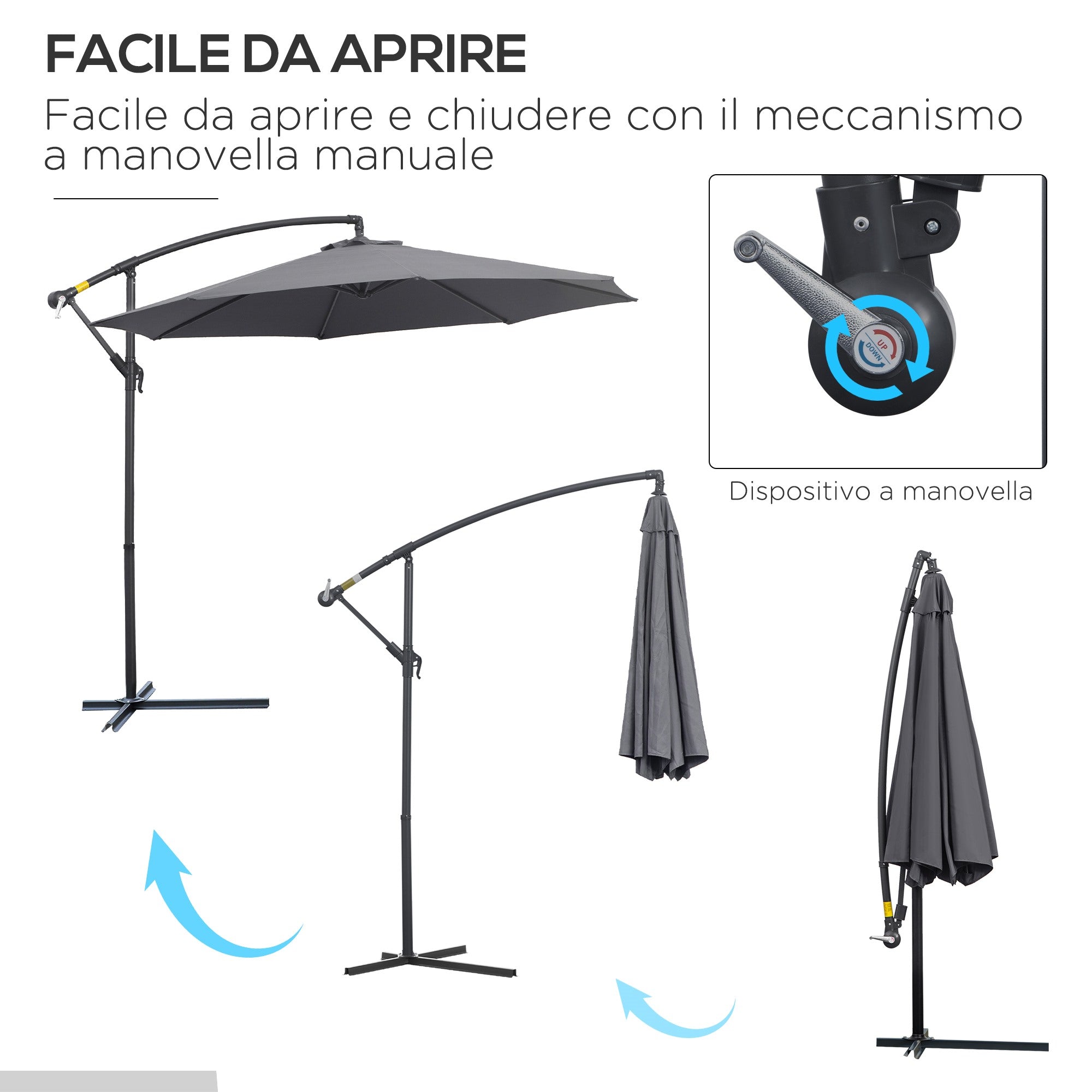 Easycomfort Ombrellone da Giardino 3x2.5 m a Braccio e Inclinabile con Manovella, in Acciaio e Poliestere Grigio
