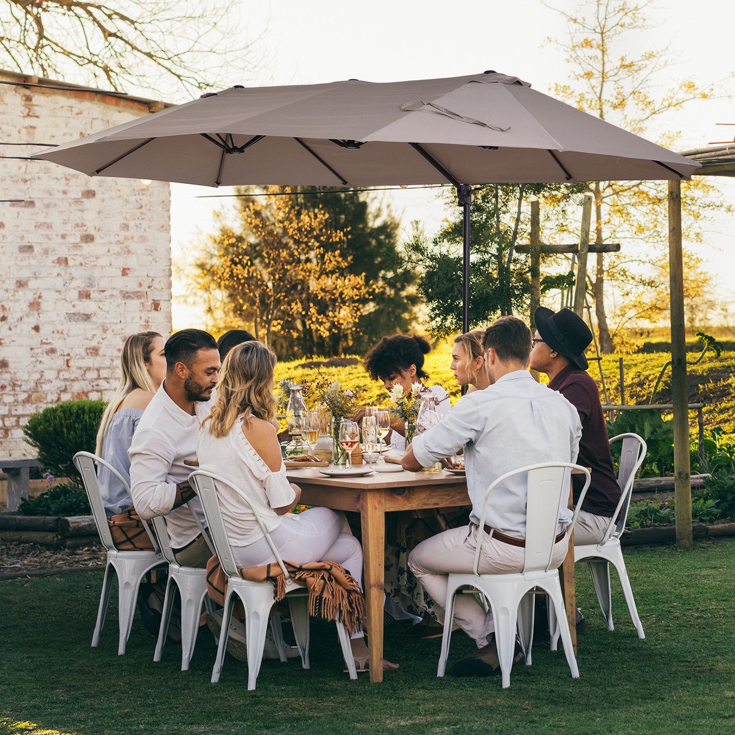 Easycomfort Ombrellone Doppio da Giardino in Metallo e Poliestere Anti-UV Impermeabile, 440x270x250cm, Marrone