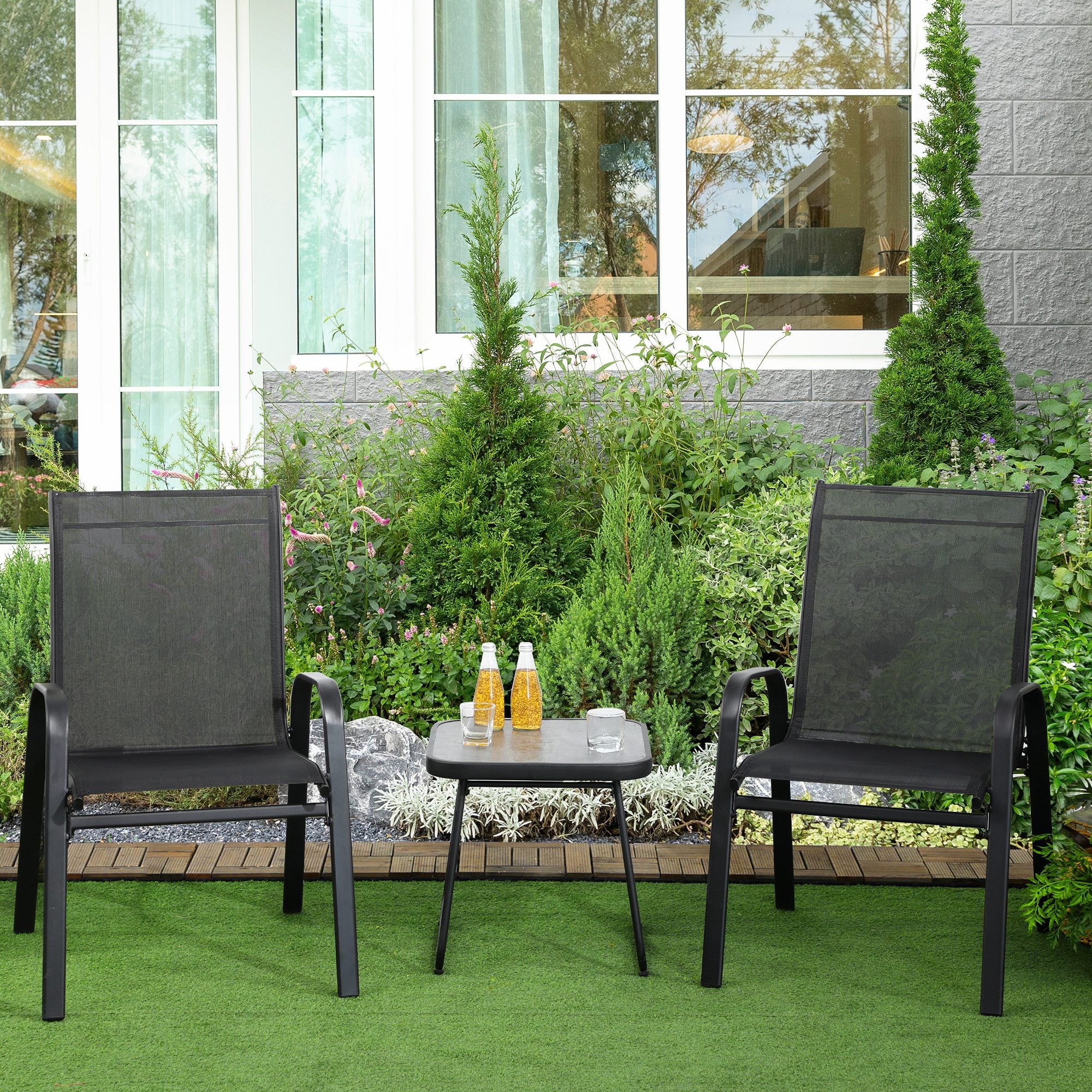 Easycomfort Set da Giardino 3 Pezzi con Tavolino e 2 Sedie Impilabili, in Acciaio e Tessuto Traforato, Nero