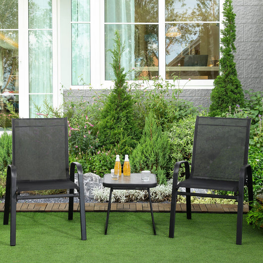 Easycomfort Set da Giardino 3 Pezzi con Tavolino e 2 Sedie Impilabili, in Acciaio e Tessuto Traforato, Nero