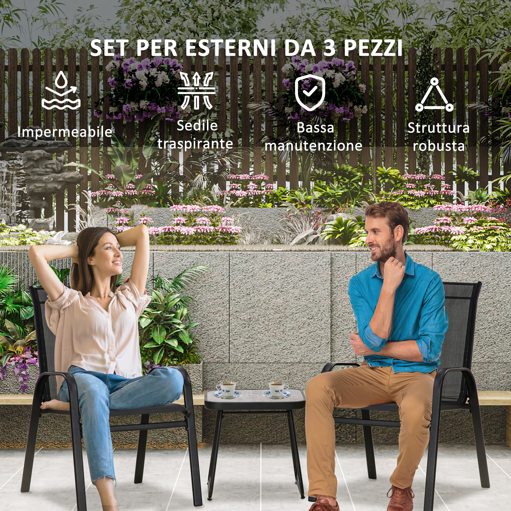 Easycomfort Set da Giardino 3 Pezzi con Tavolino e 2 Sedie Impilabili, in Acciaio e Tessuto Traforato, Nero