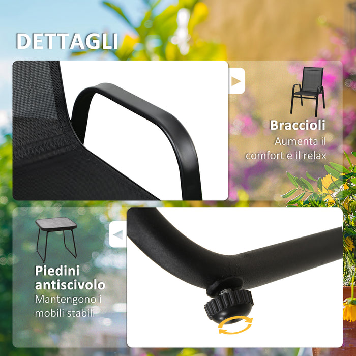 Easycomfort Set da Giardino 3 Pezzi con Tavolino e 2 Sedie Impilabili, in Acciaio e Tessuto Traforato, Nero