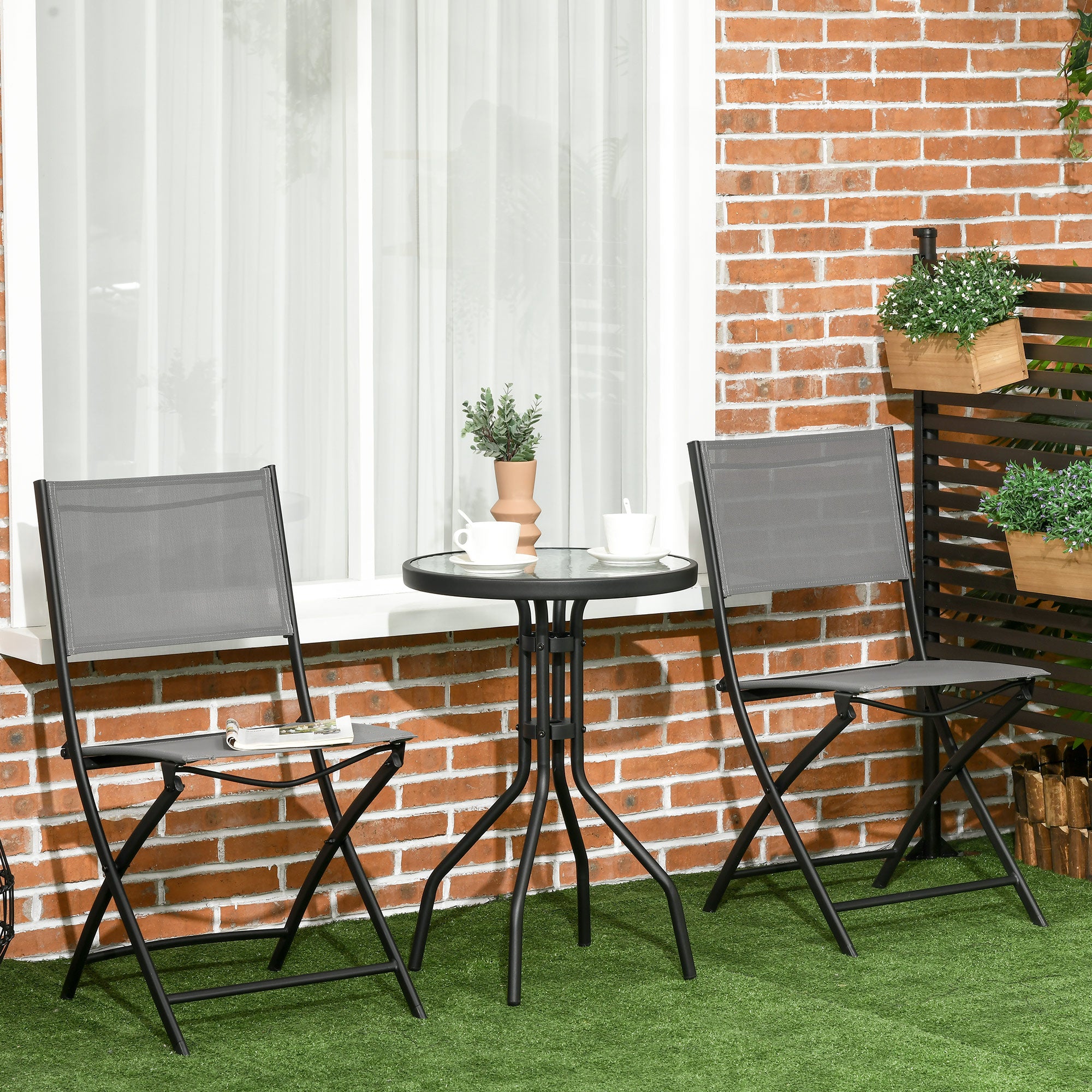 Easycomfort Set da Giardino 3 Pezzi in Acciaio con 2 Sedie Pieghevoli in Tessuto Traspirante e Tavolo Rotondo