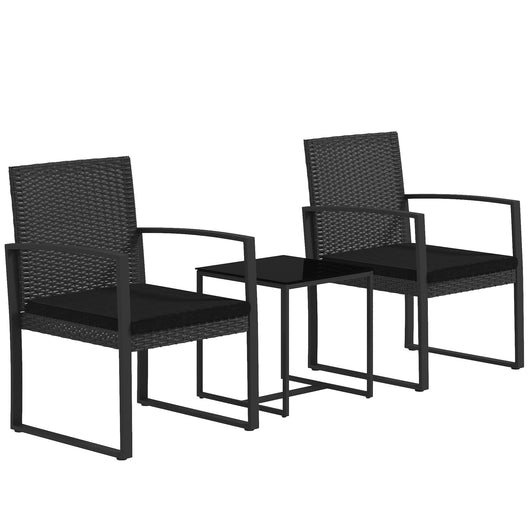 EasyComfort Set da Giardino 3 Pezzi con 2 Sedie con Cuscini e Tavolino con Piano in Vetro, Effetto Rattan Nero