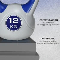 Kettlebell 12kg in PU e Sabbia con Base Piatta e Impugnatura per Stacchi, Squat e Sollevamenti, 24x17x28 cm, Blu