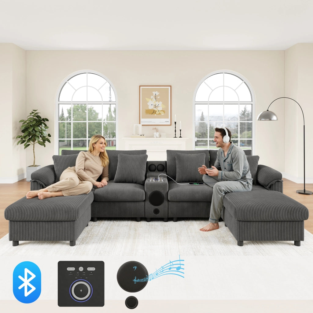 Divano modulare a U in velluto a coste con contenitore; Bluetooth; ricarica wireless; USB; cuscini; grigio 315;5 Ã— 144 Ã— 84;5 cm