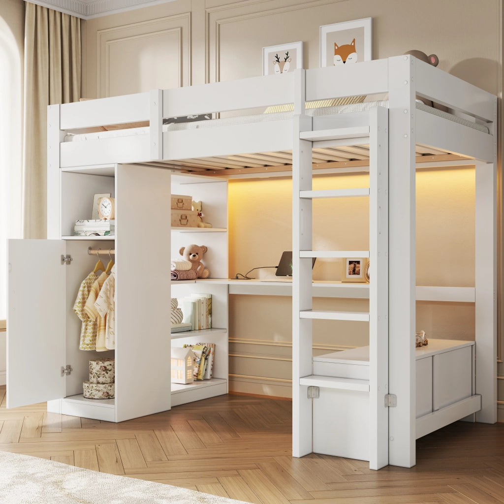 Letto a Soppalco 90 x 200 cm; Letto Singolo - Scrivania; Armadio; LED e USB - Bianco