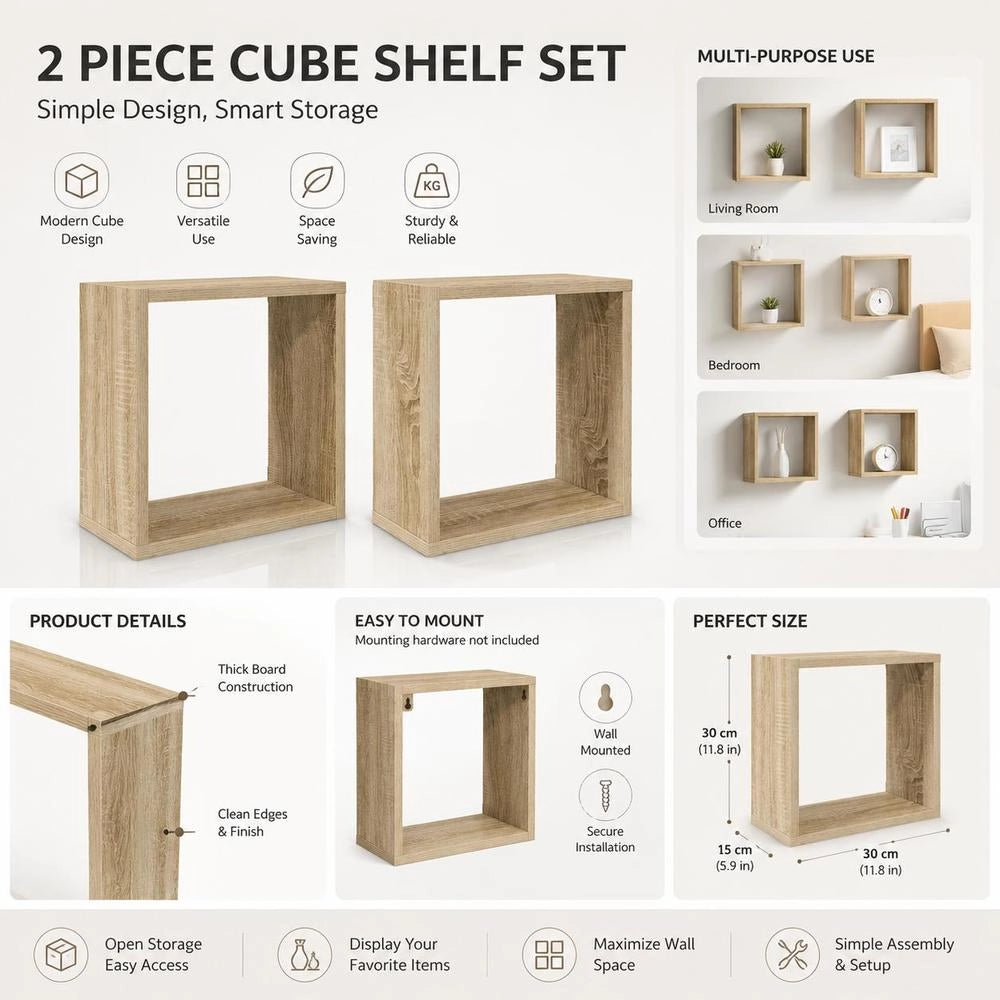 Cube Shelves, 2 Pieces, Sonoma Oak, 30x15x30 Cm