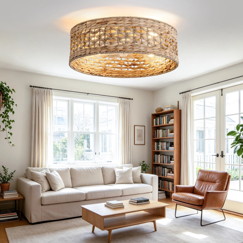 Ventilatore da soffitto con plafoniera in rattan intrecciato; controllo via app e telecomando; colore rame