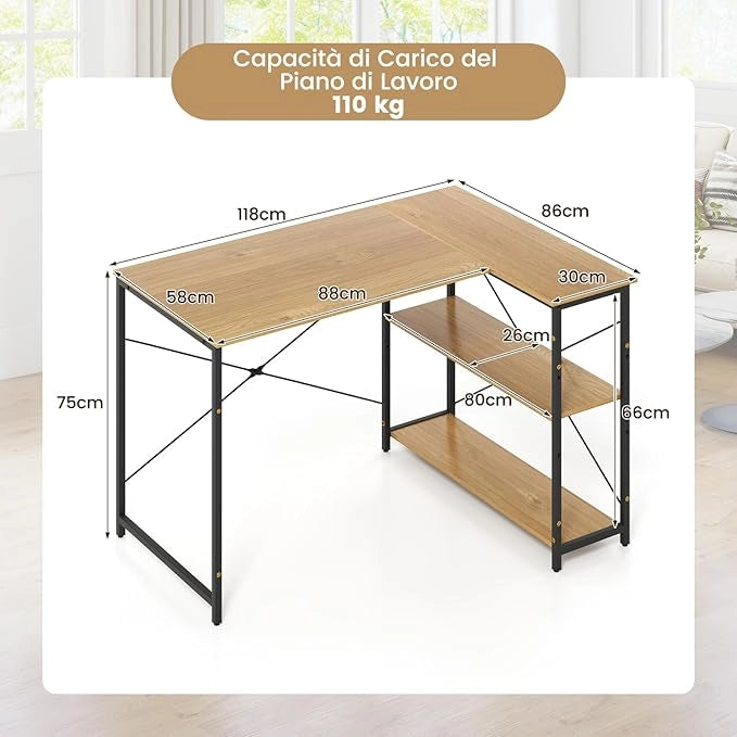 Scrivania Angolare a Forma di L, Scrivania ad Angolo Salvaspazio e Reversibile con Ripiano Regolabile e Struttura in Metallo Resistente, Tavolo per Ufficio e Casa (Legno)