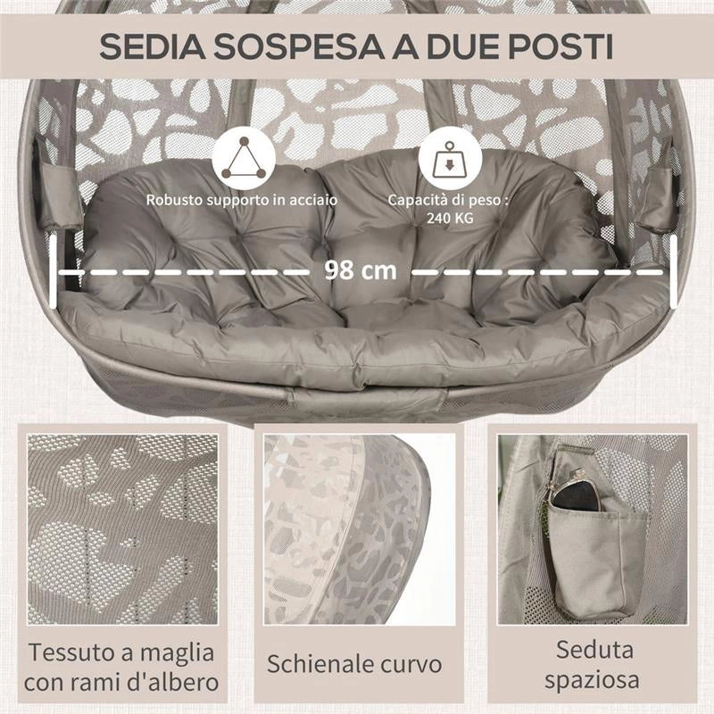 POLTRONA SOSPESA 2 POSTI CON 2 TASCHE, 2 CUSCINI E CESTO PIEGHEVOLE, 130X103X172 CM