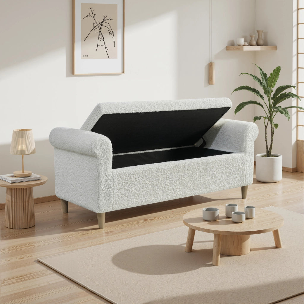 Pouf contenitore con coperchio sollevabile, in tessuto e piedi in legno, stile nordico bianco 106 × 51 × 33 cm