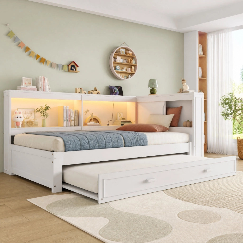 Divano letto estraibile 90x200 cm con LED, USB e presa, bianco