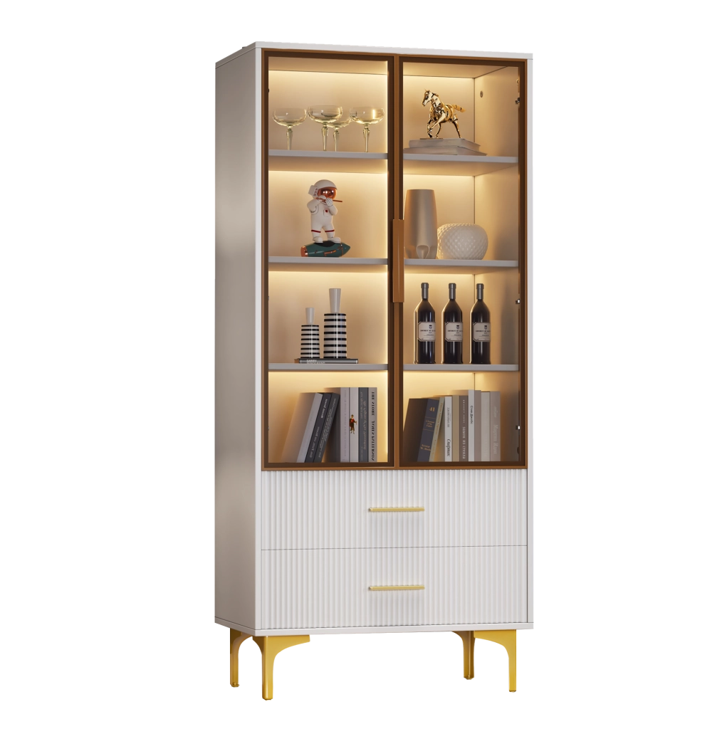 Vetrina 70x35x150 cm con ante in vetro fumé e LED; truciolare bianco