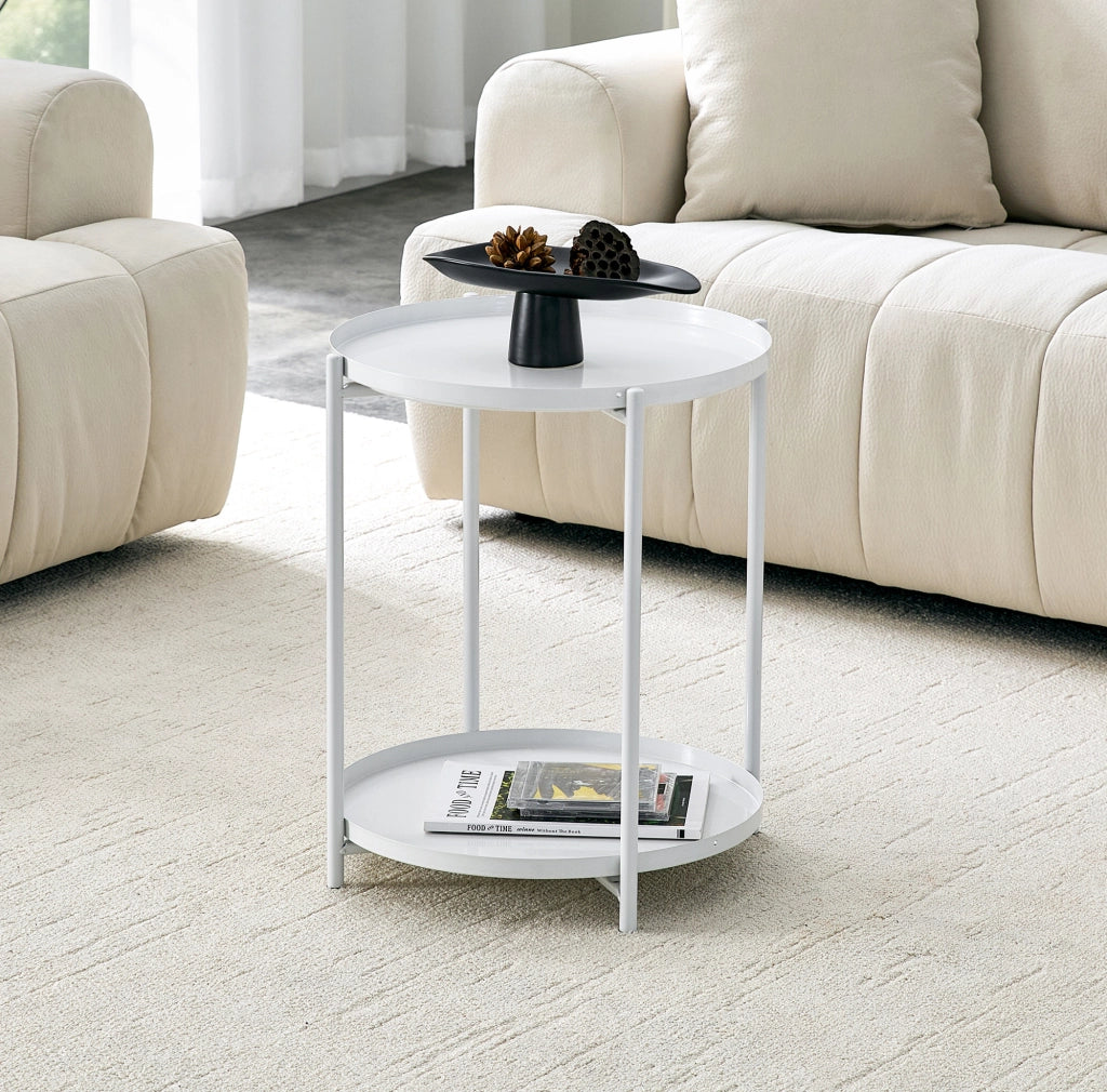 Tavolino rotondo a 2 ripiani ?42 x 52 cm in MDF e metallo bianco