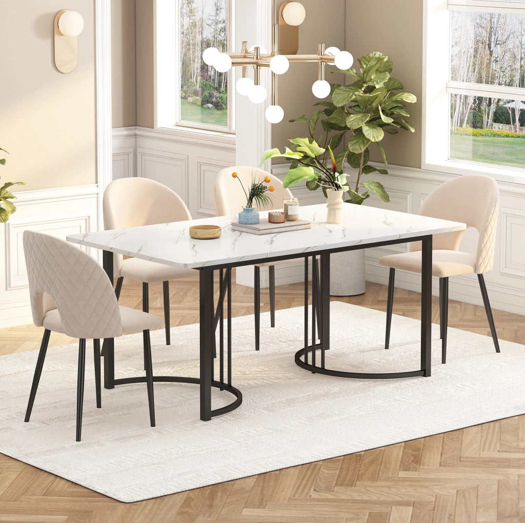 Tavolo da pranzo rettangolare 140x80 cm con piano effetto marmo in MDF e struttura in metallo; bianco