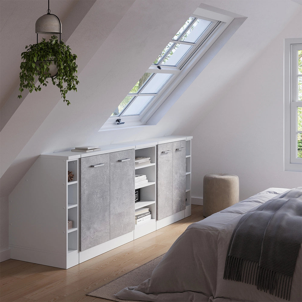 Set di mobili sottotetto Rion Calcestruzzo/Bianco 210 cm Set di 5 carcasse armadio profondità 60 cm Vicco