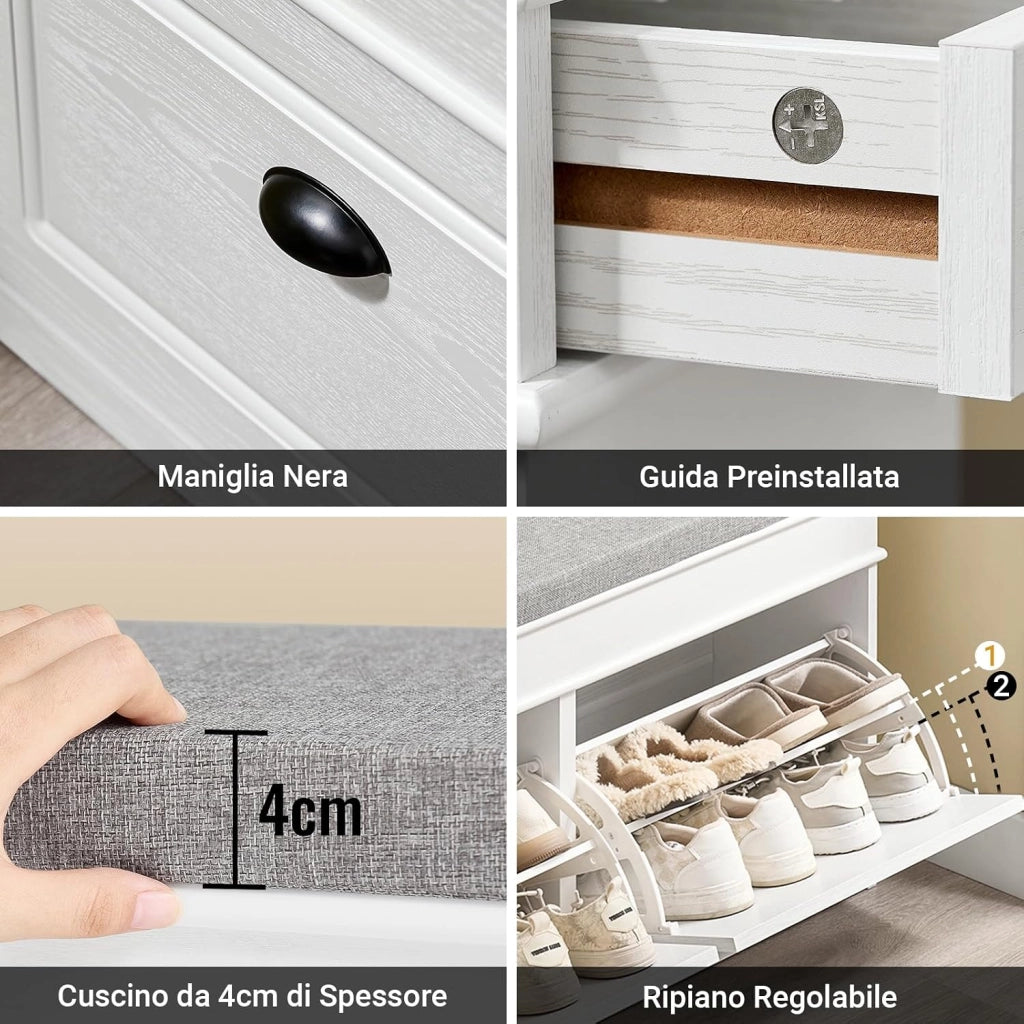 Scarpiera Salvaspazio Slim con Seduta Panca Scarpiera da Ingresso Contenitore in Legno Mobile Ingresso per Scarpe, 104x24x54cm Effetto Legno Invecchiato Bianco FSR64-WG