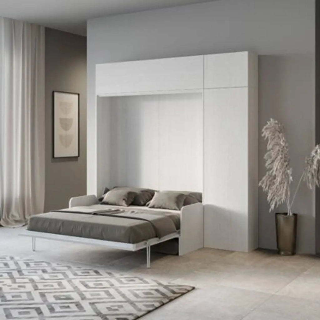 Letto matrimoniale a scomparsa 160 Kentaro con divano e mobili bianco frassino, grigio