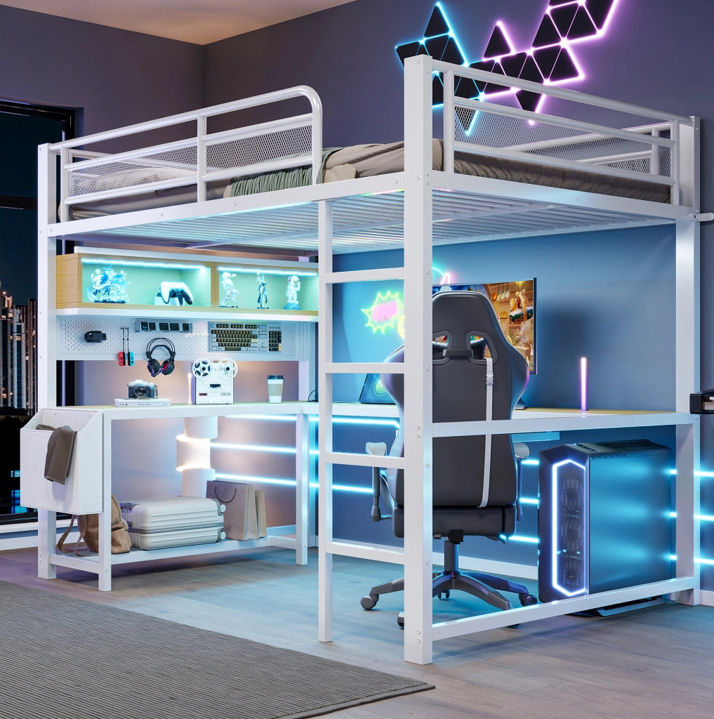 Letto a soppalco 140x200 cm con scrivania; LED e stazione di ricarica in MDF e metallo bianco