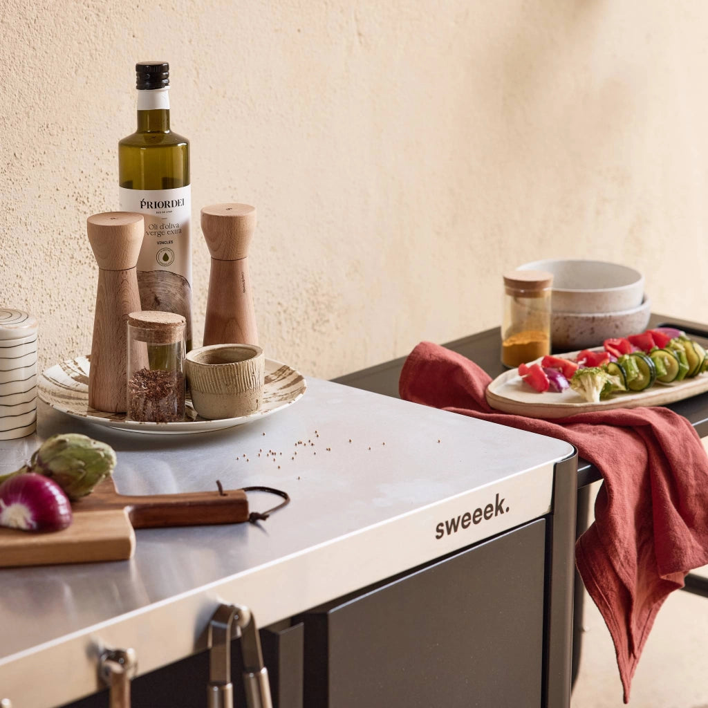Carrello da cucina da esterno in acciaio con tavolino pieghevole,