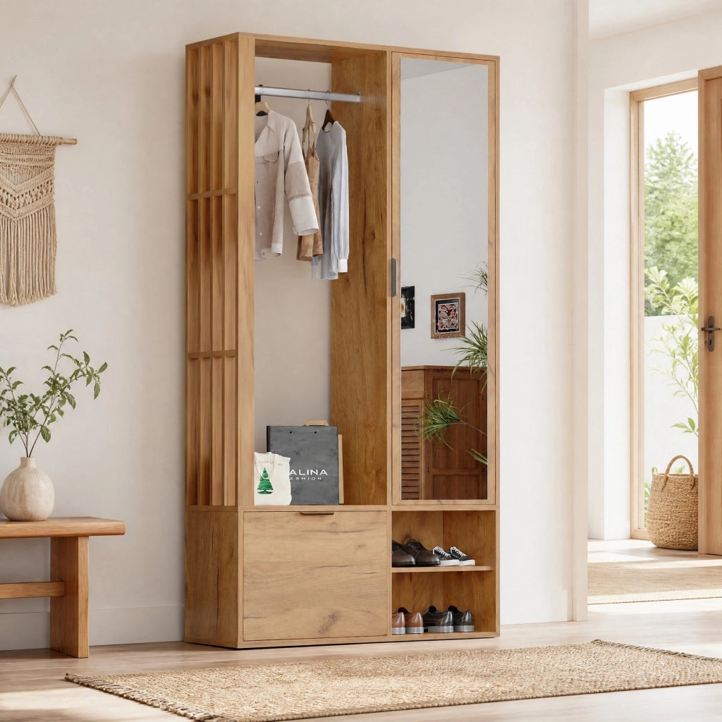 Mobile ingresso 6 in 1 con specchio, appendiabiti e 9 vani, 100x33x190 cm