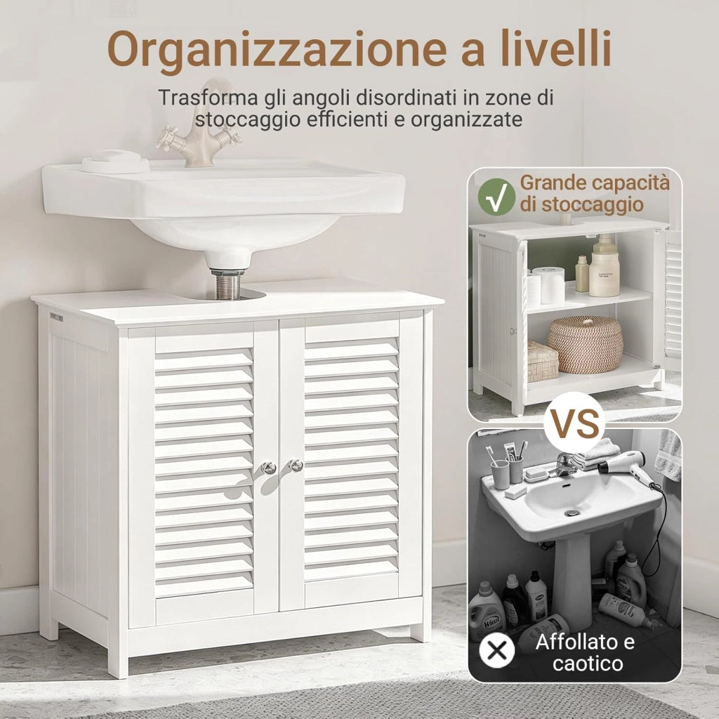 Mobile Bagno Sottolavabo - Mobiletto Bagno Salvaspazio con Mensole Regolabili, Mobile Lavabo in MDF, Antimuffa con Porta a Lamelle, per lavabo a muro, Bianco, 60x58x35cm, FRG237-W