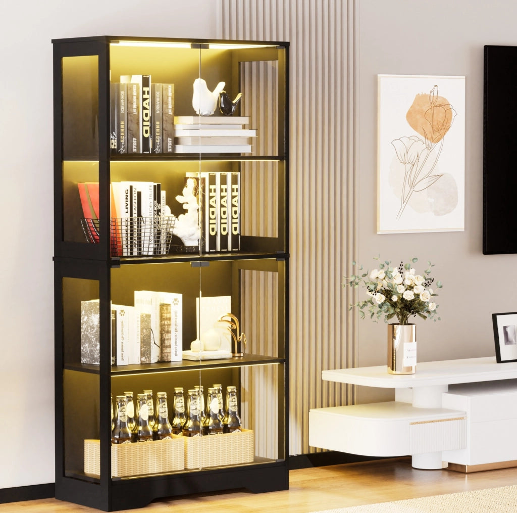 Vetrina in vetro 80 x 35 x 165 cm nera con LED, sensore, 4 ripiani