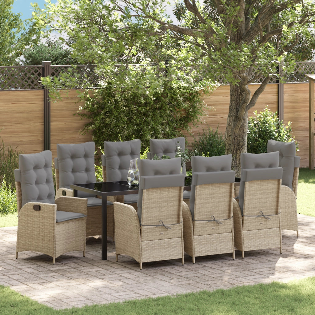 Set da Pranzo da Giardino 9 Pezzi con Cuscini Beige Polyrattan