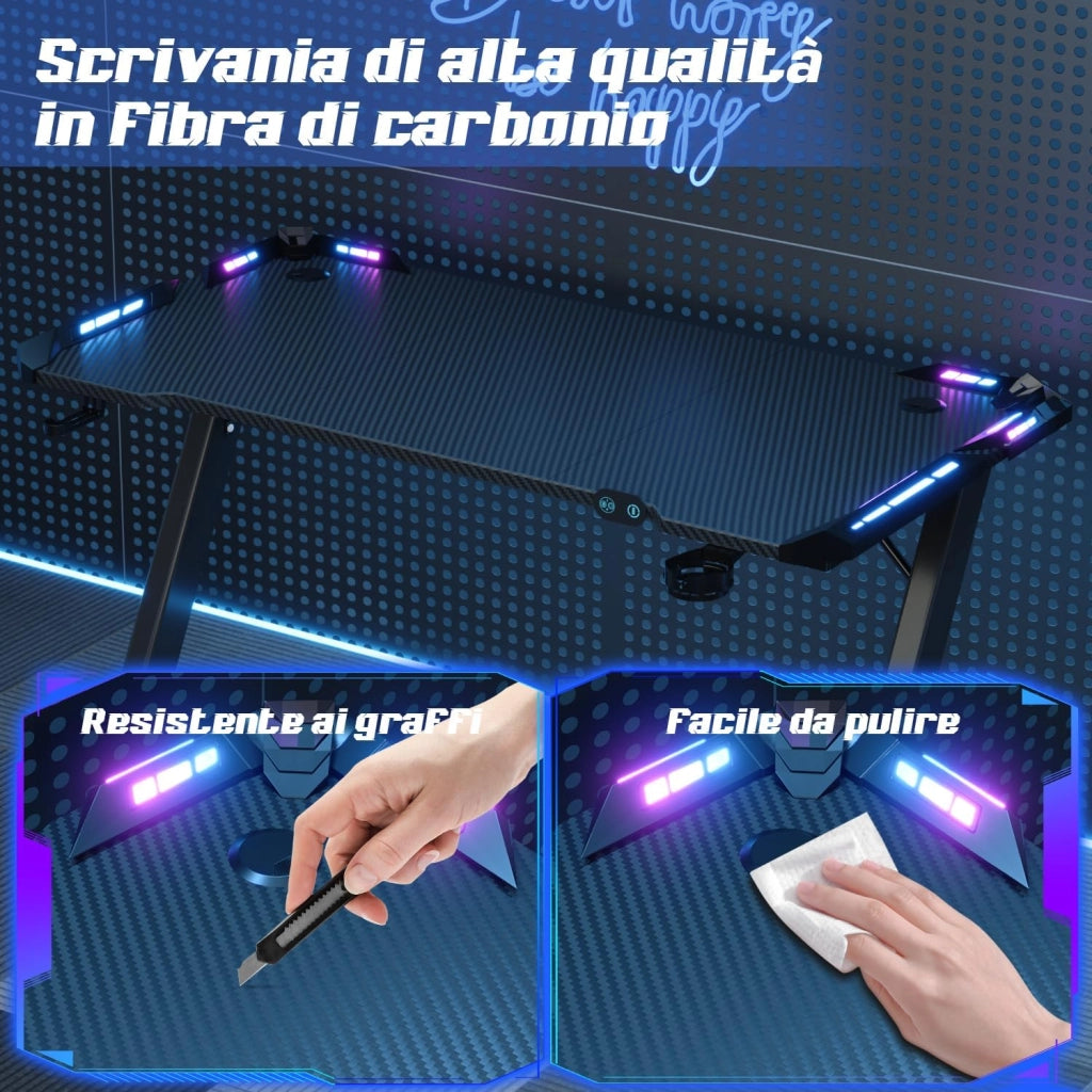 140 x 60cm Scrivania Gaming LED, Tavolo Gaming Ergonomica, Scrivania per Computer con Porta Bicchiere e Ganci per Cuffie, Postazione con Piano del Tavolo in Fibra di Carbonio, Nero