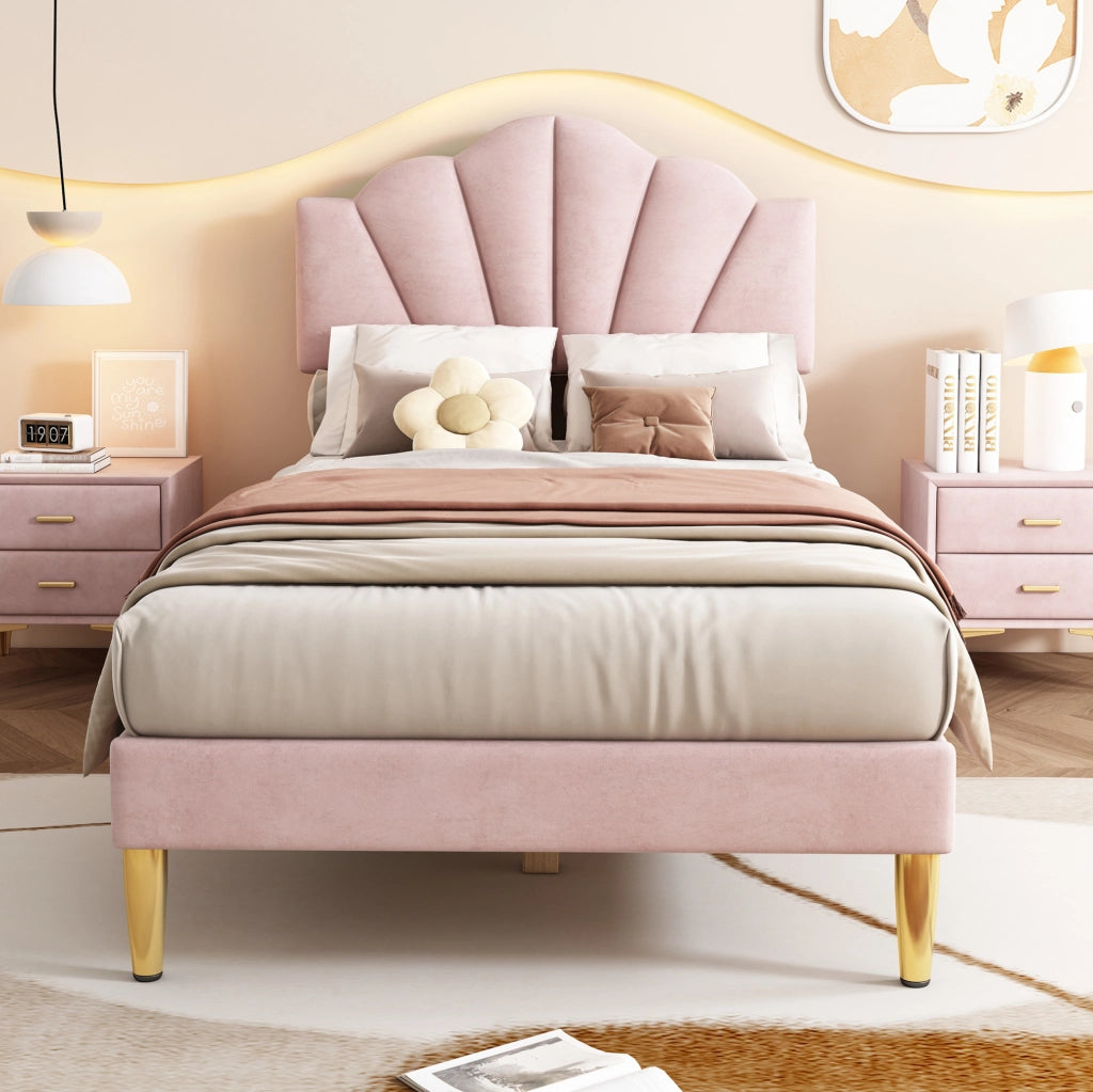 Letto imbottito 90x200 cm; testiera a conchiglia regolabile; velluto rosa (Senza materasso)