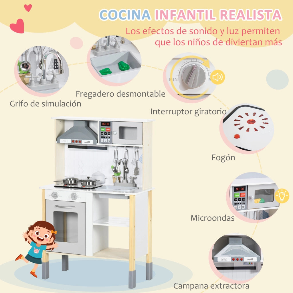 Cucina Giocattolo in Legno per Bambini ¨C Zephmum ¨C Bianco 60x30,5x93,2 cm