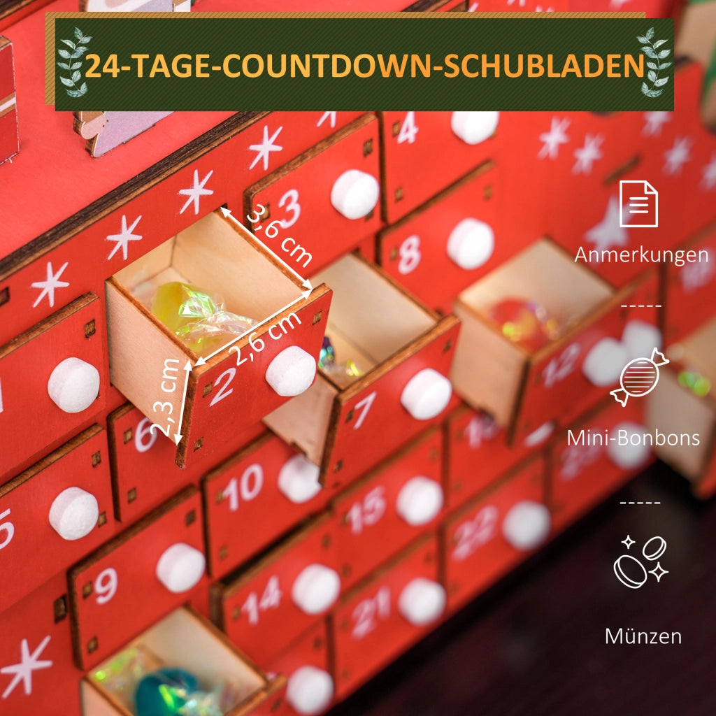 Calendario dell'Avvento Babbo Natale con Slitta ¨C zephmum ¨C 24 Scompartimenti, 22.5x8x36 cm, Rosso