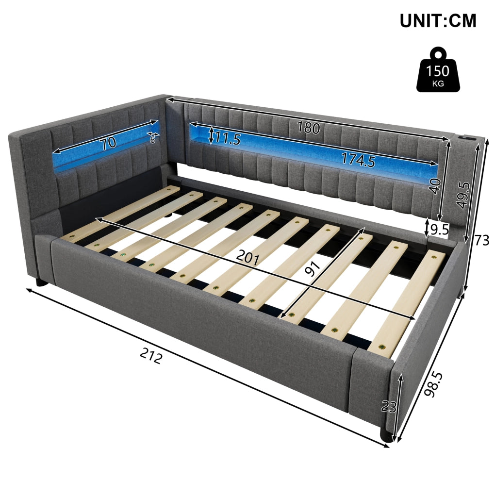Daybed 90x200 cm grigio con LED, USB-C e vano contenitore