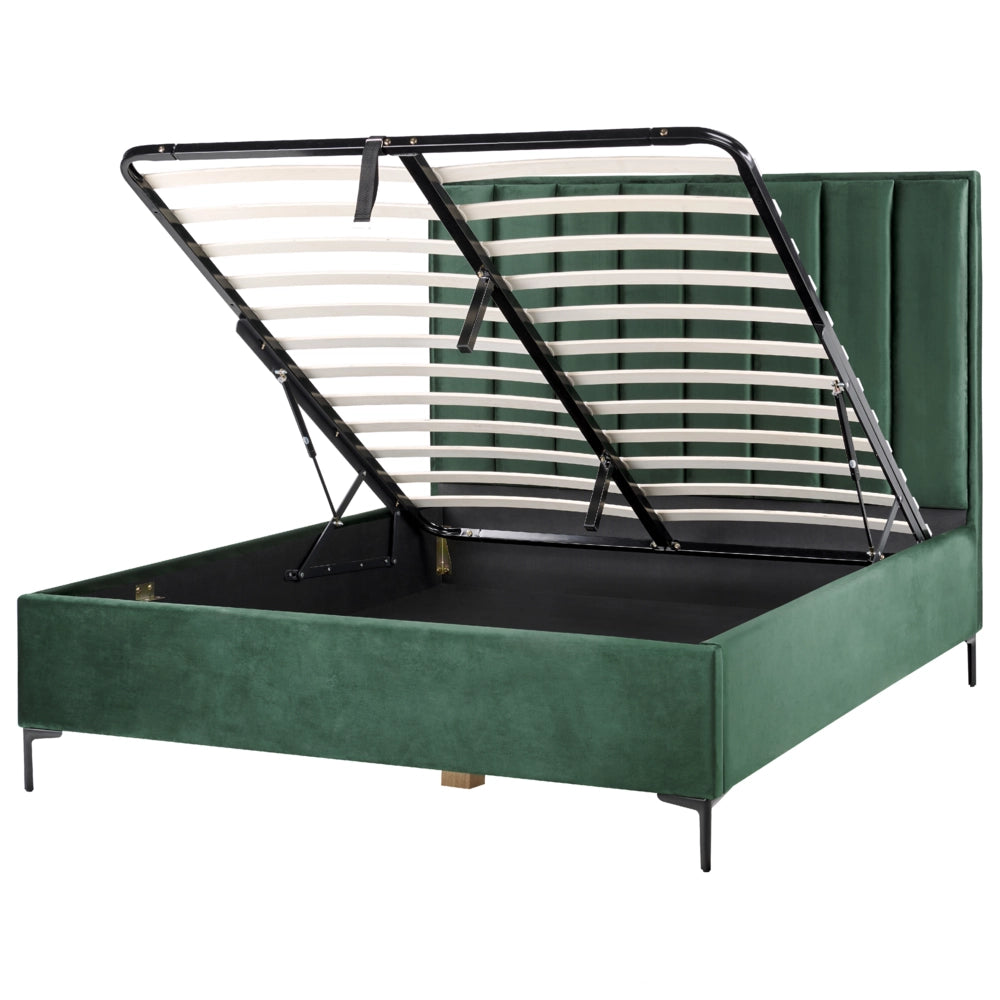 Set camera da letto in velluto verde scuro matrimoniale 160 x 200 cm letto con contenitore 2 comodini imbottiti