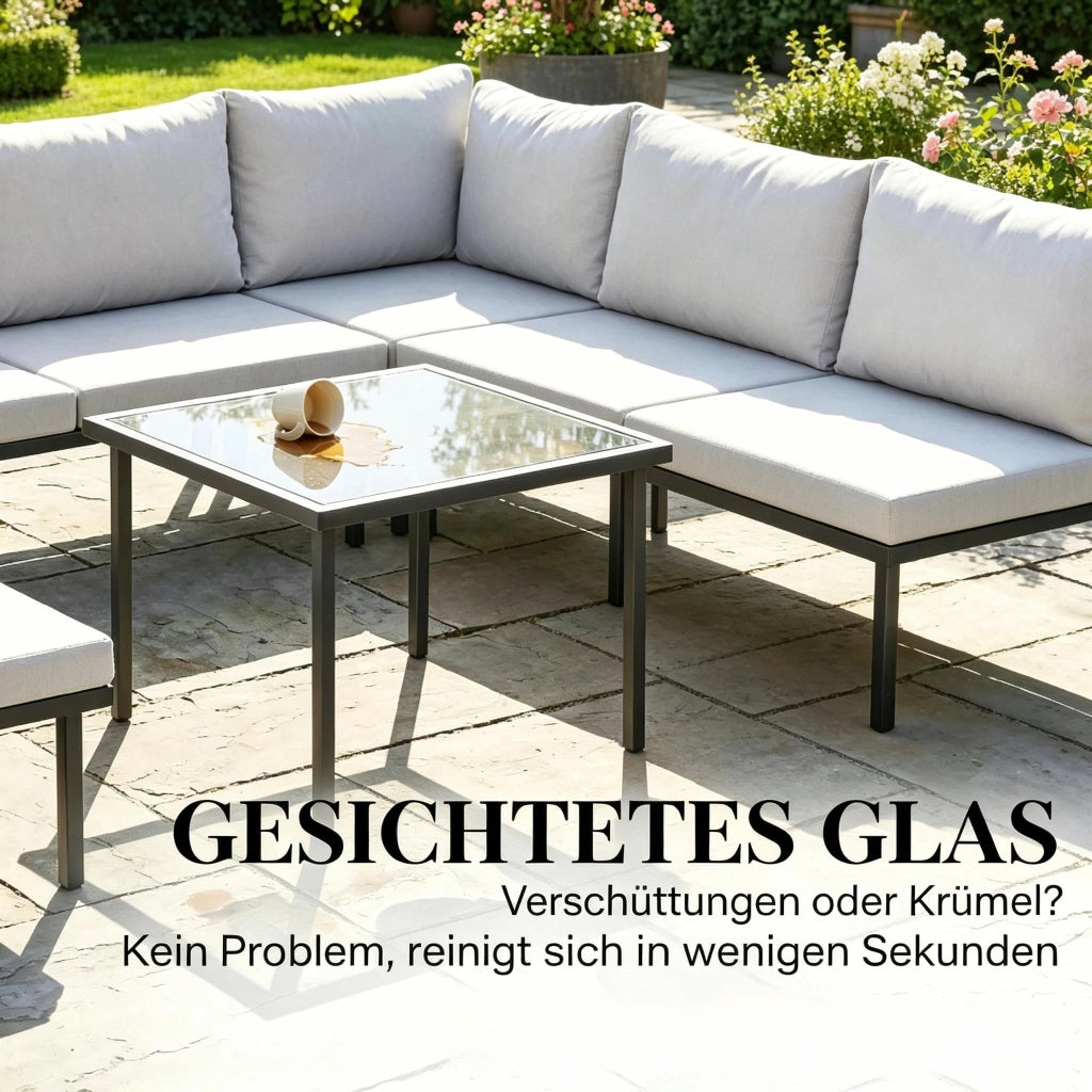 Set lounge da giardino modulare da 6 pezzi con divano a 2 posti, poltrona angolare, tavolino e cuscini